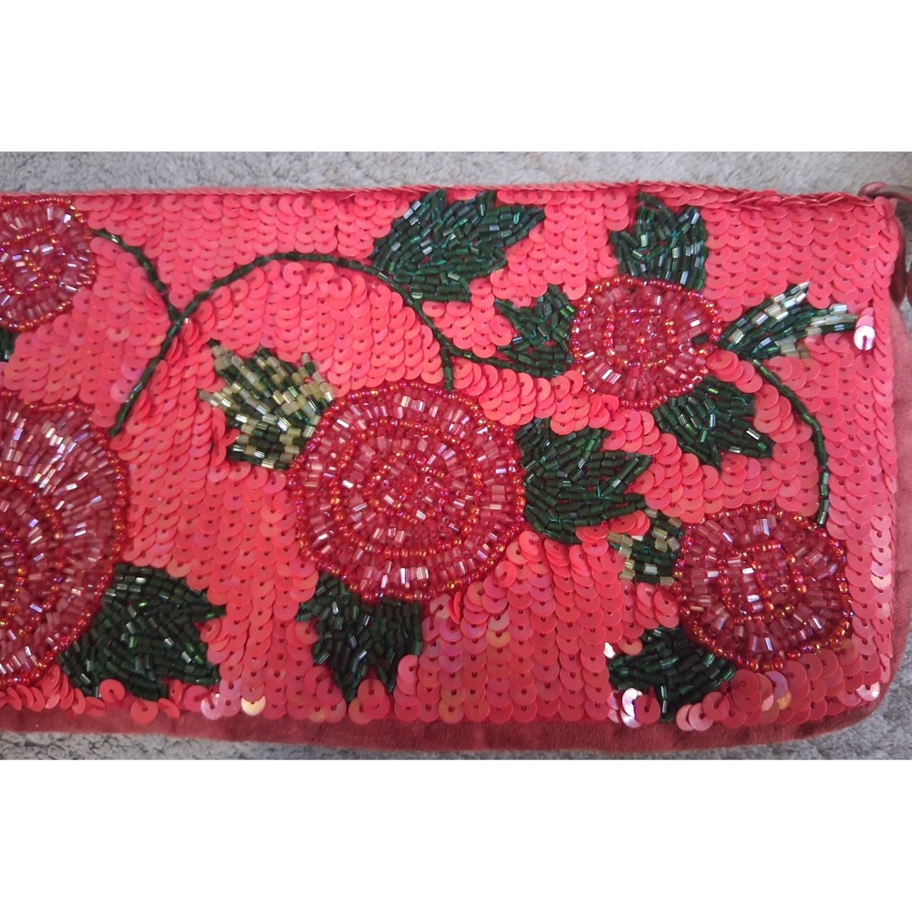 Vintage Cache Red Beaded Sequin Rose Floral Baguette Shoulder Bag Y2K Evening - Picture 6 of 14